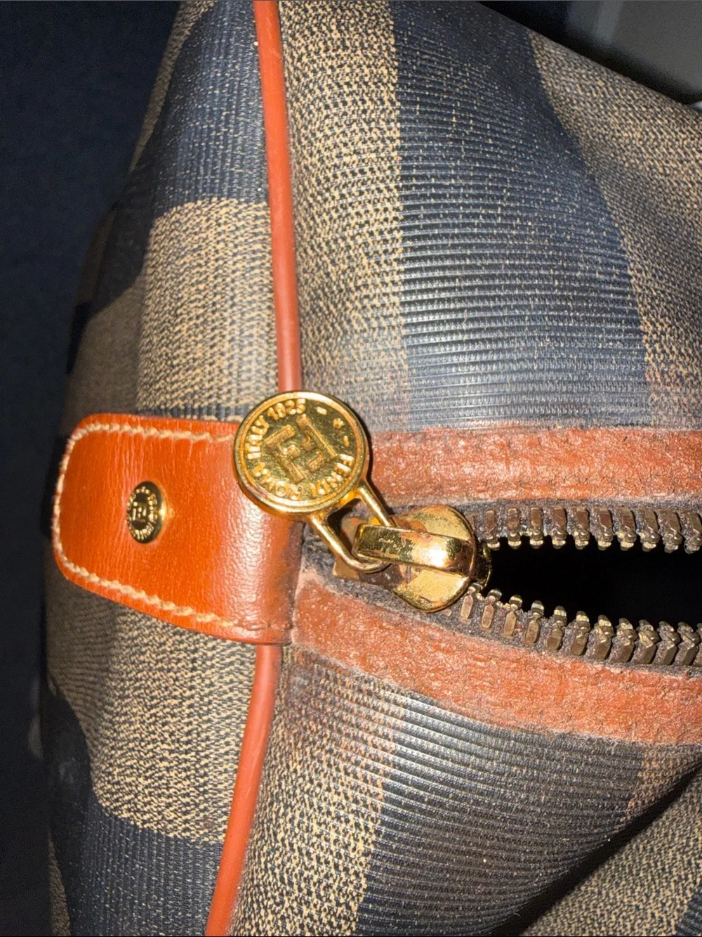 Fendi Vintage Pequin Brown & Dark Brown Striped Canvas Duffel with Leather Trim
